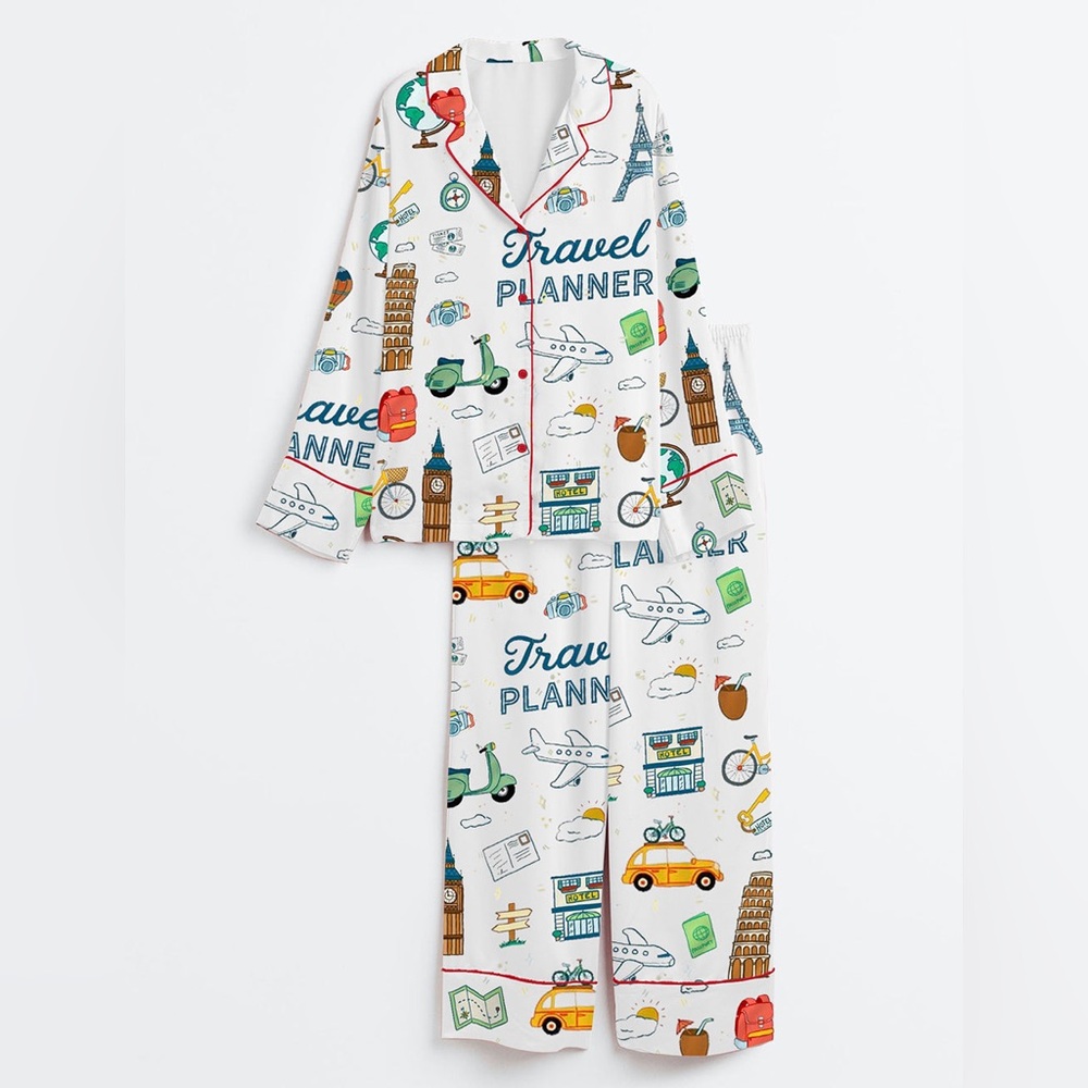 SheShow Travel Planner Long Sleeve Satin Pajama Set Size Large NWT